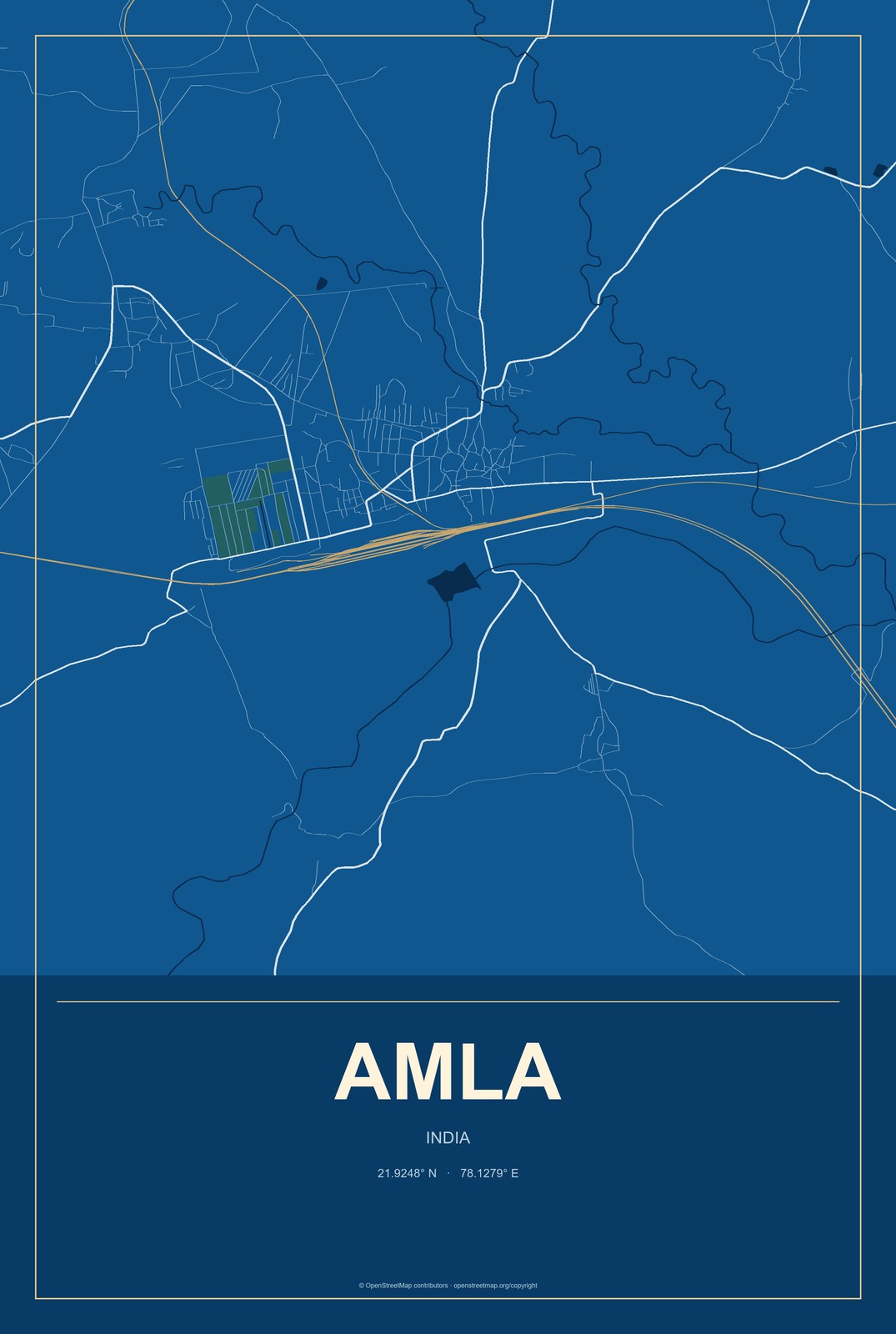 Amla, India City Map Aluminum Sign in Harbor Cobalt style