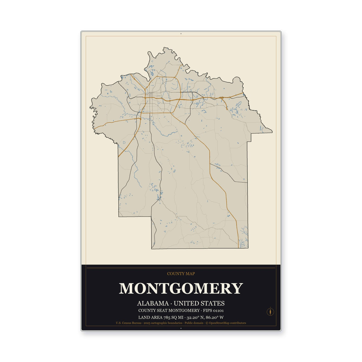 Montgomery County, Alabama Map Aluminum Sign in Museum Plaque style