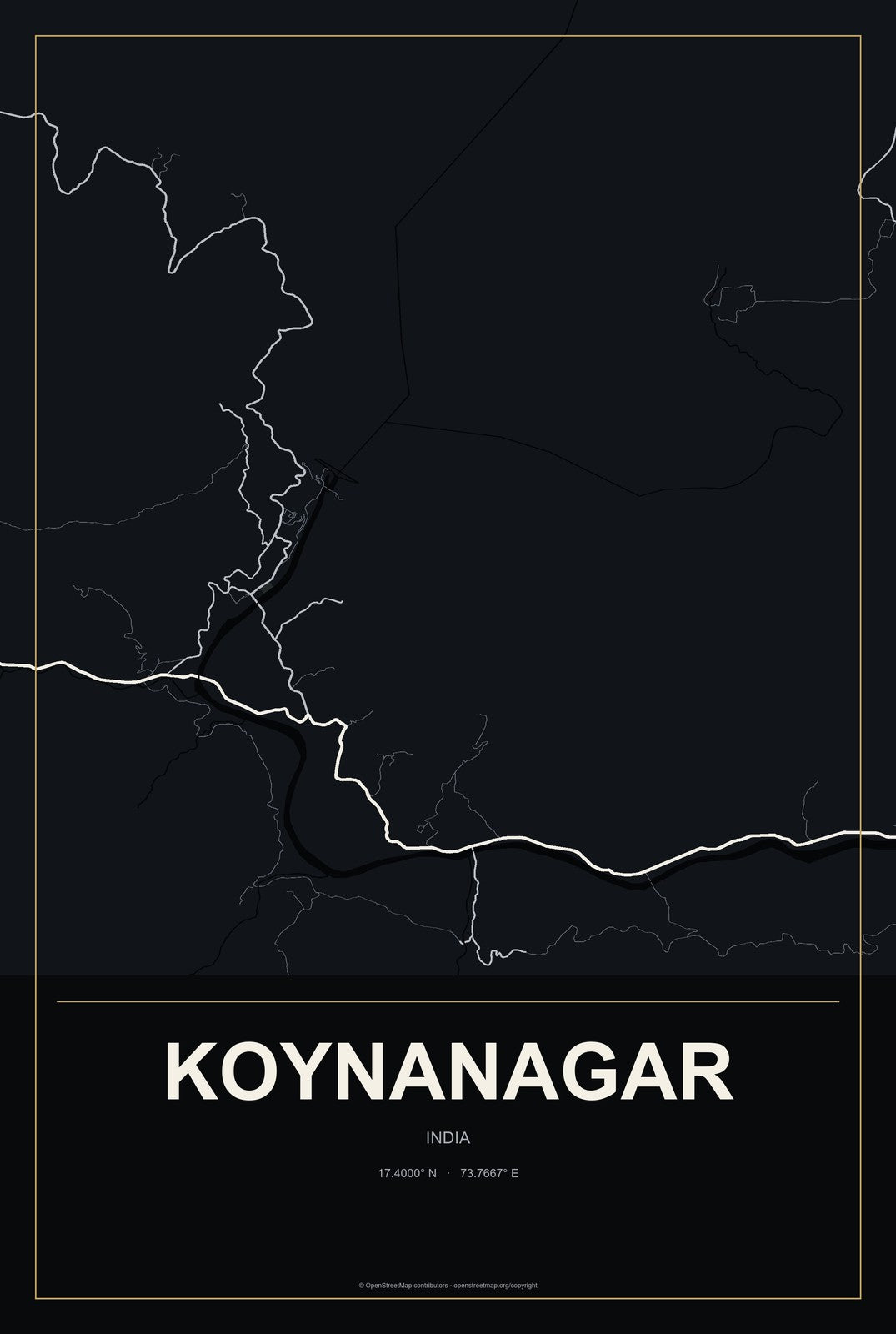 Koynanagar, India City Map Aluminum Sign in Metropolitan Noir style