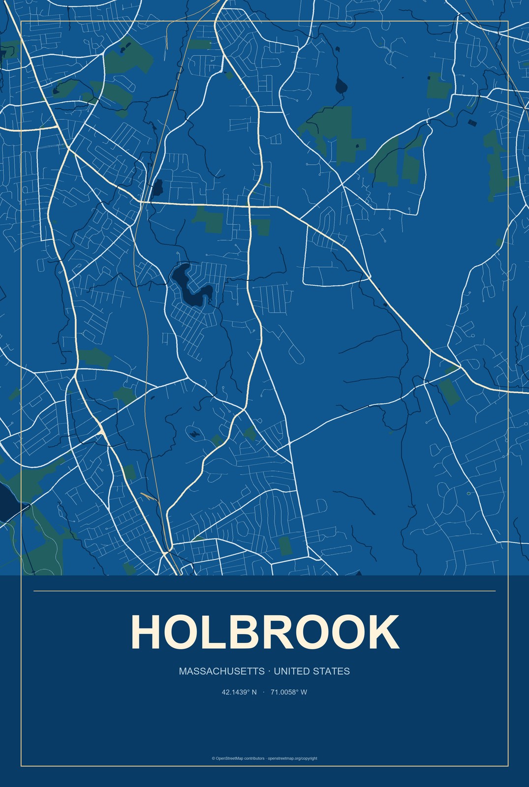 Holbrook, Massachusetts City Map Aluminum Sign in Harbor Cobalt style