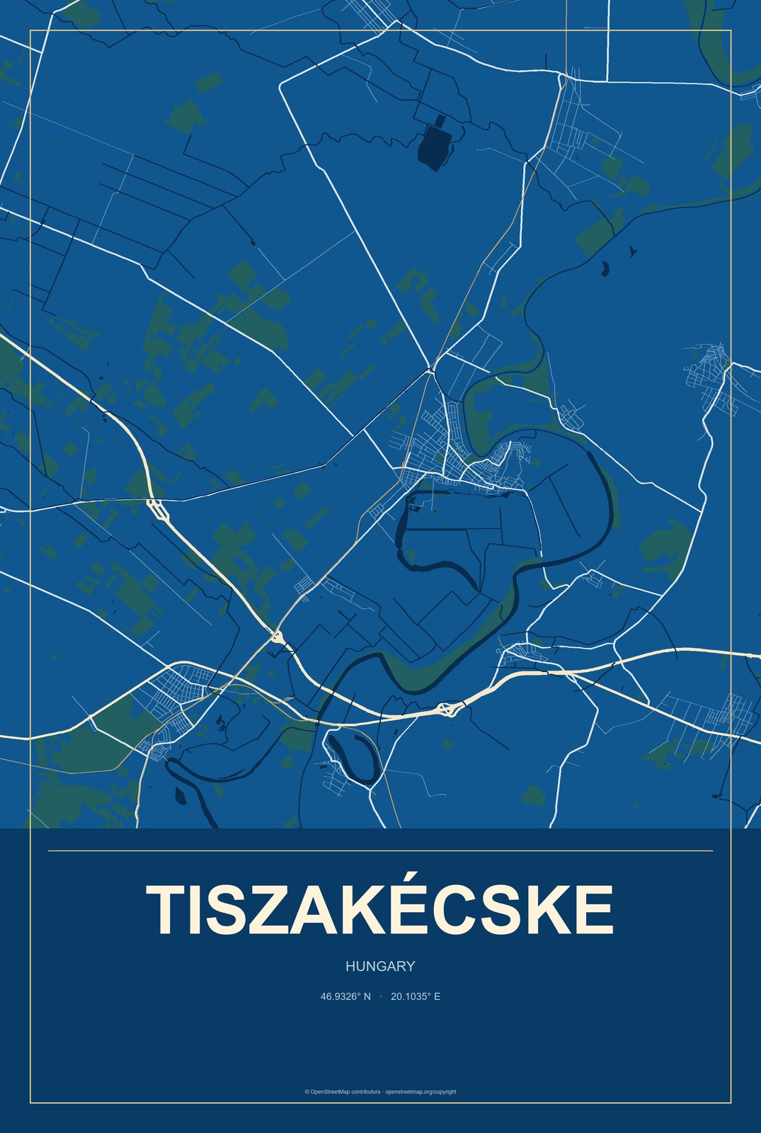 Tiszakécske, Hungary City Map Aluminum Sign in Harbor Cobalt style