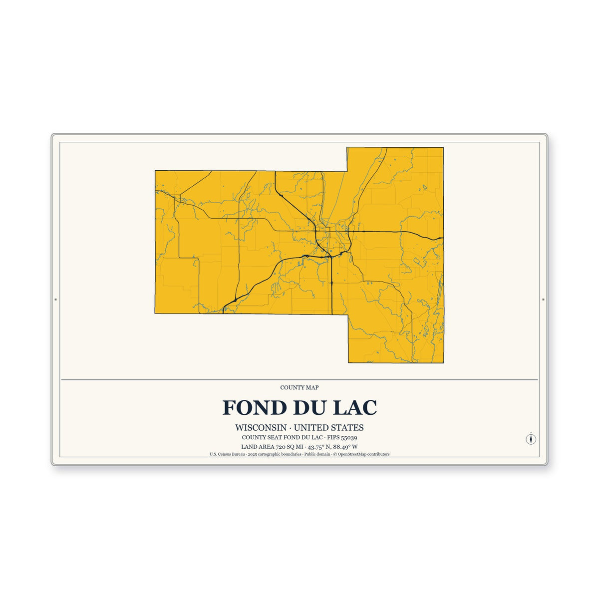 Fond du Lac County, Wisconsin Map Aluminum Sign in Citrine Modern style