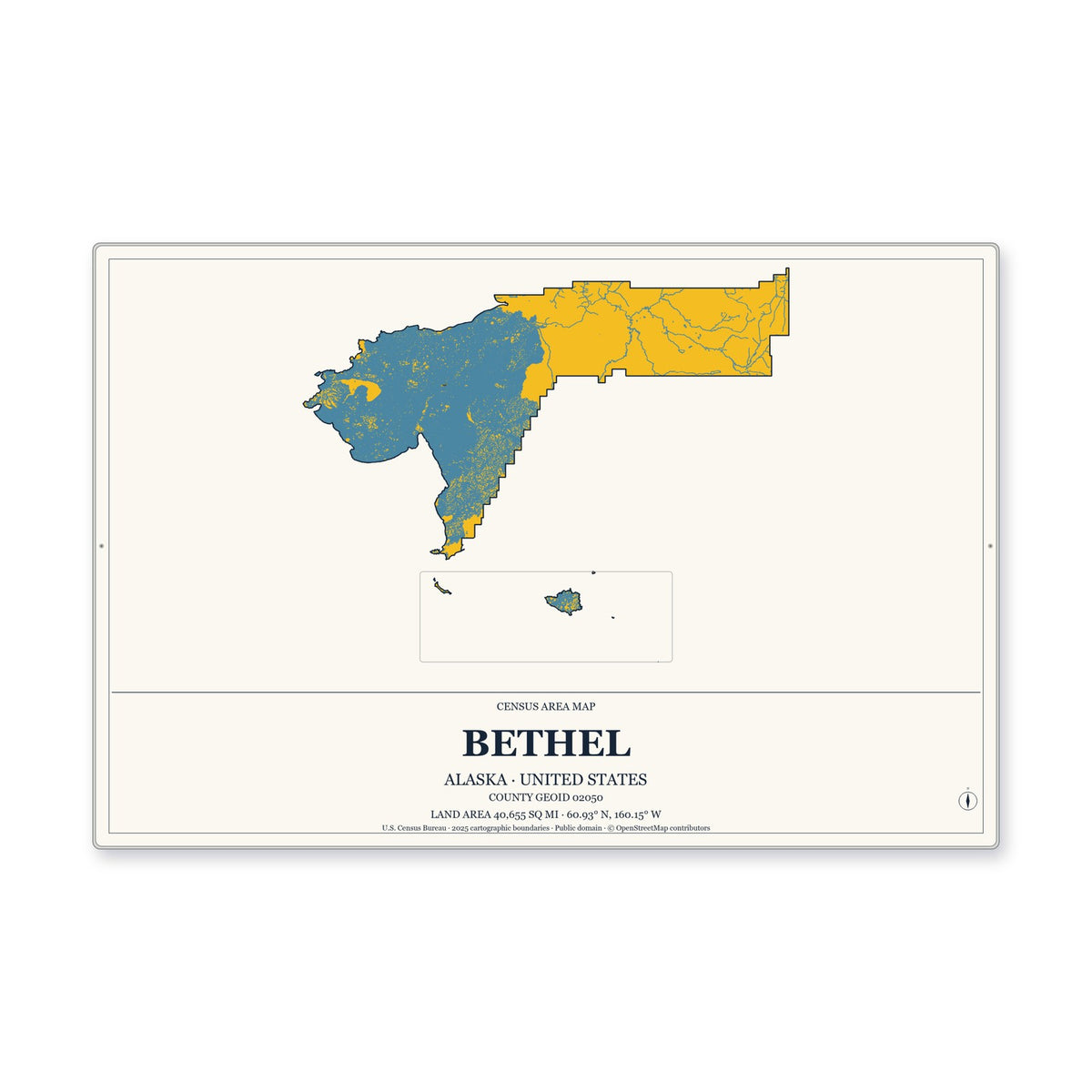 Bethel Census Area, Alaska Map Aluminum Sign in Citrine Modern style