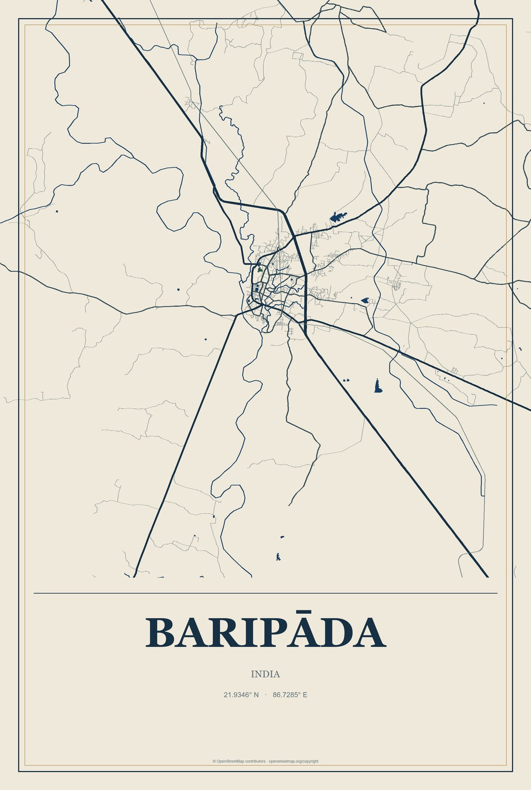 Baripāda, India City Map Aluminum Sign in Coastal Cutout style