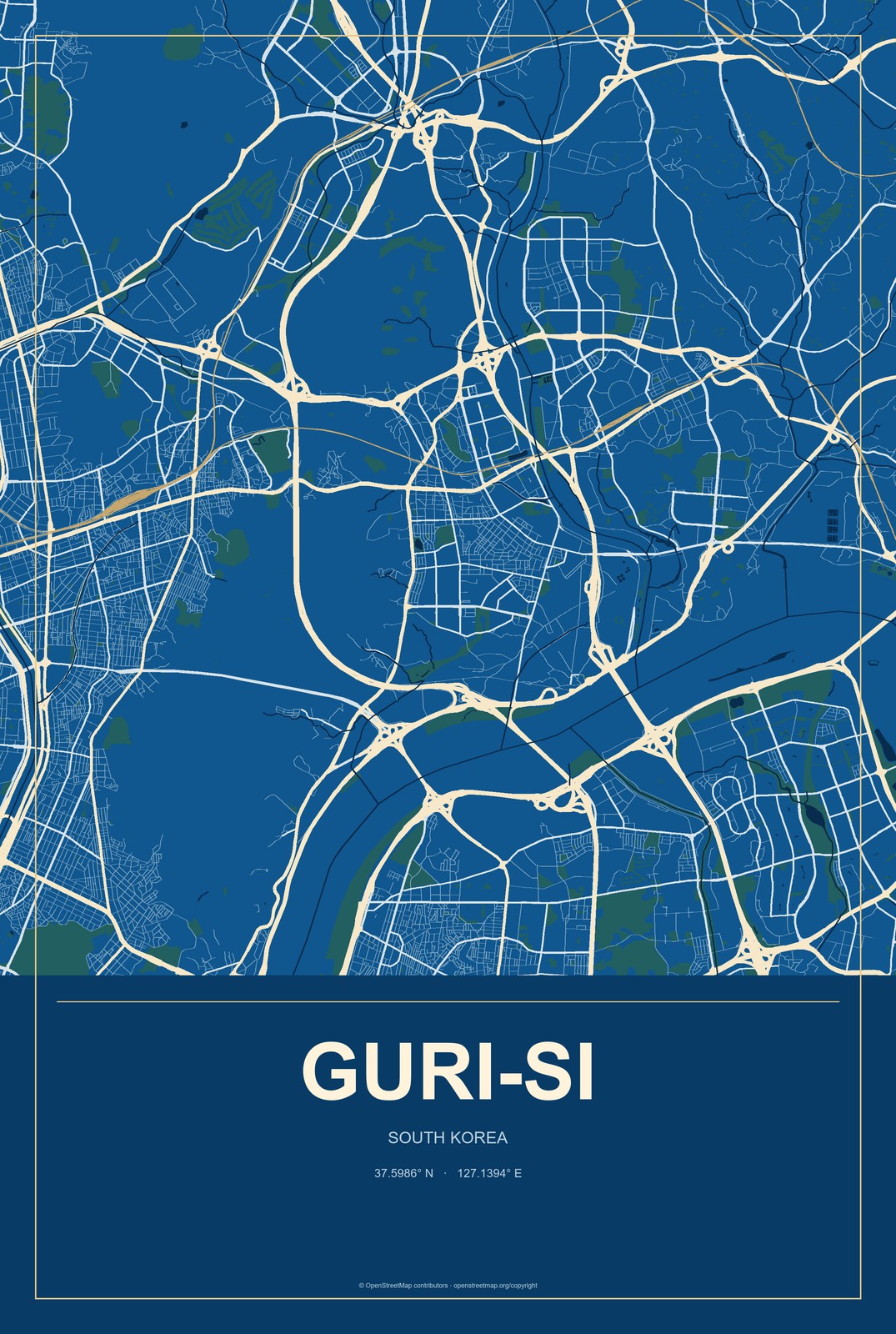 Guri-si, South Korea City Map Aluminum Sign in Harbor Cobalt style