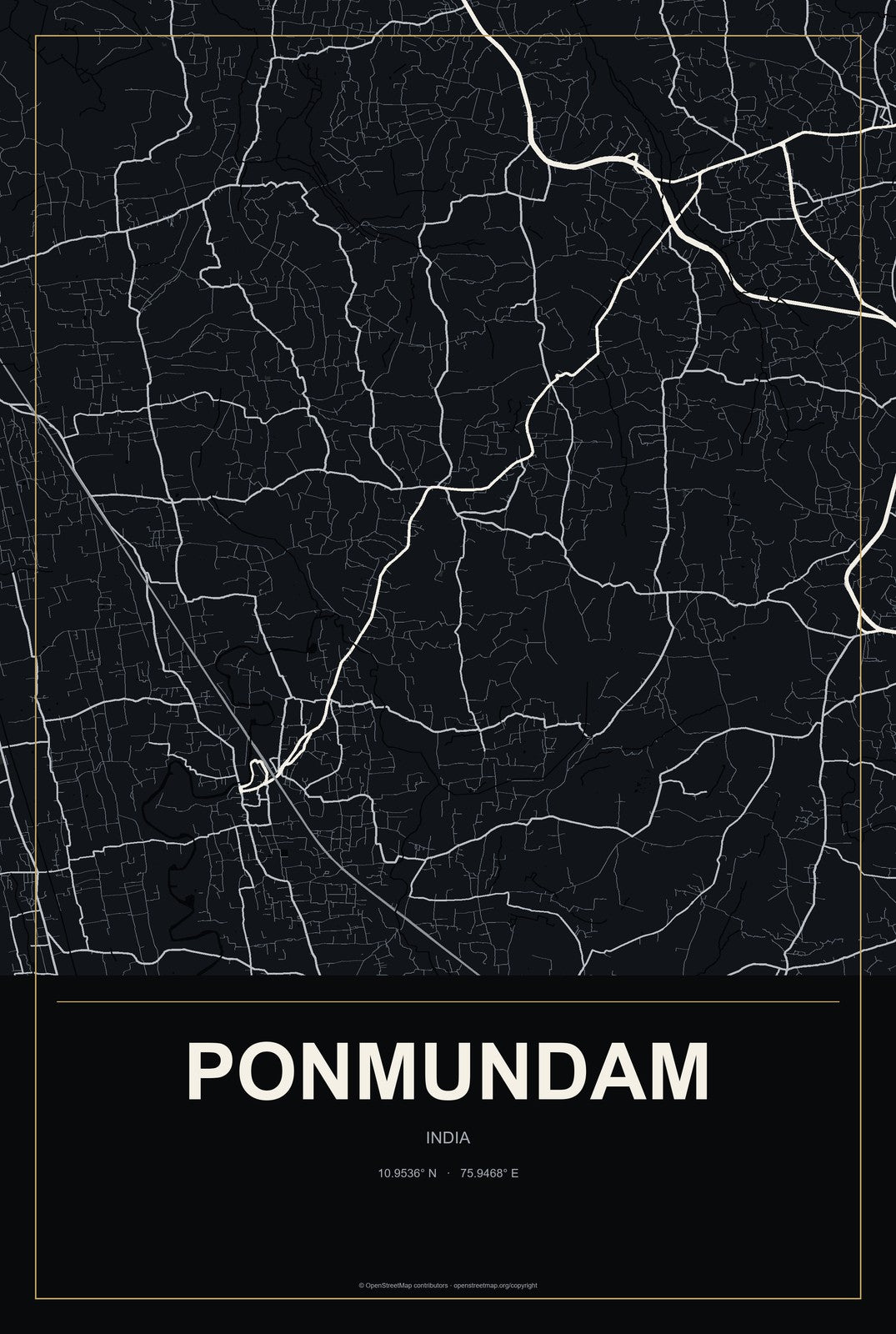 Ponmundam, India City Map Aluminum Sign in Metropolitan Noir style