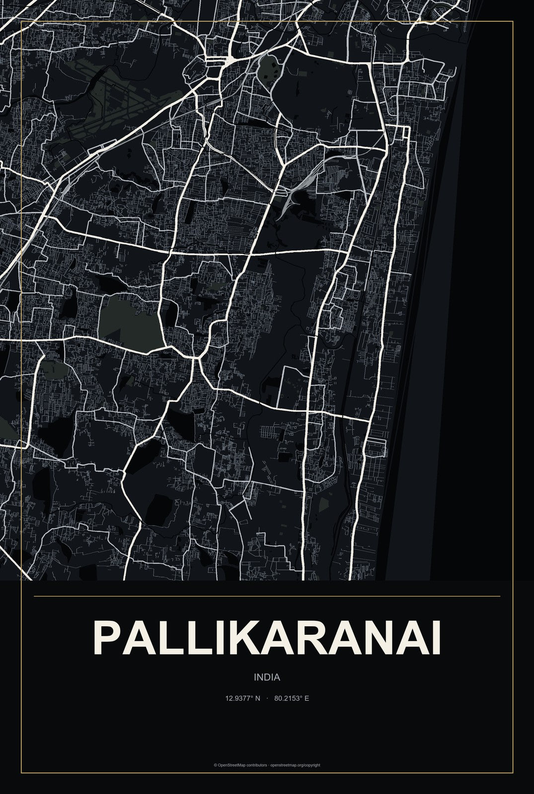 Pallikaranai, India City Map Aluminum Sign in Metropolitan Noir style
