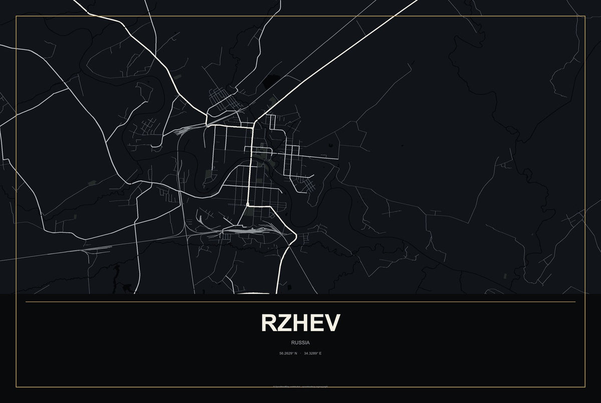 Rzhev, Russia City Map Aluminum Sign in Metropolitan Noir style