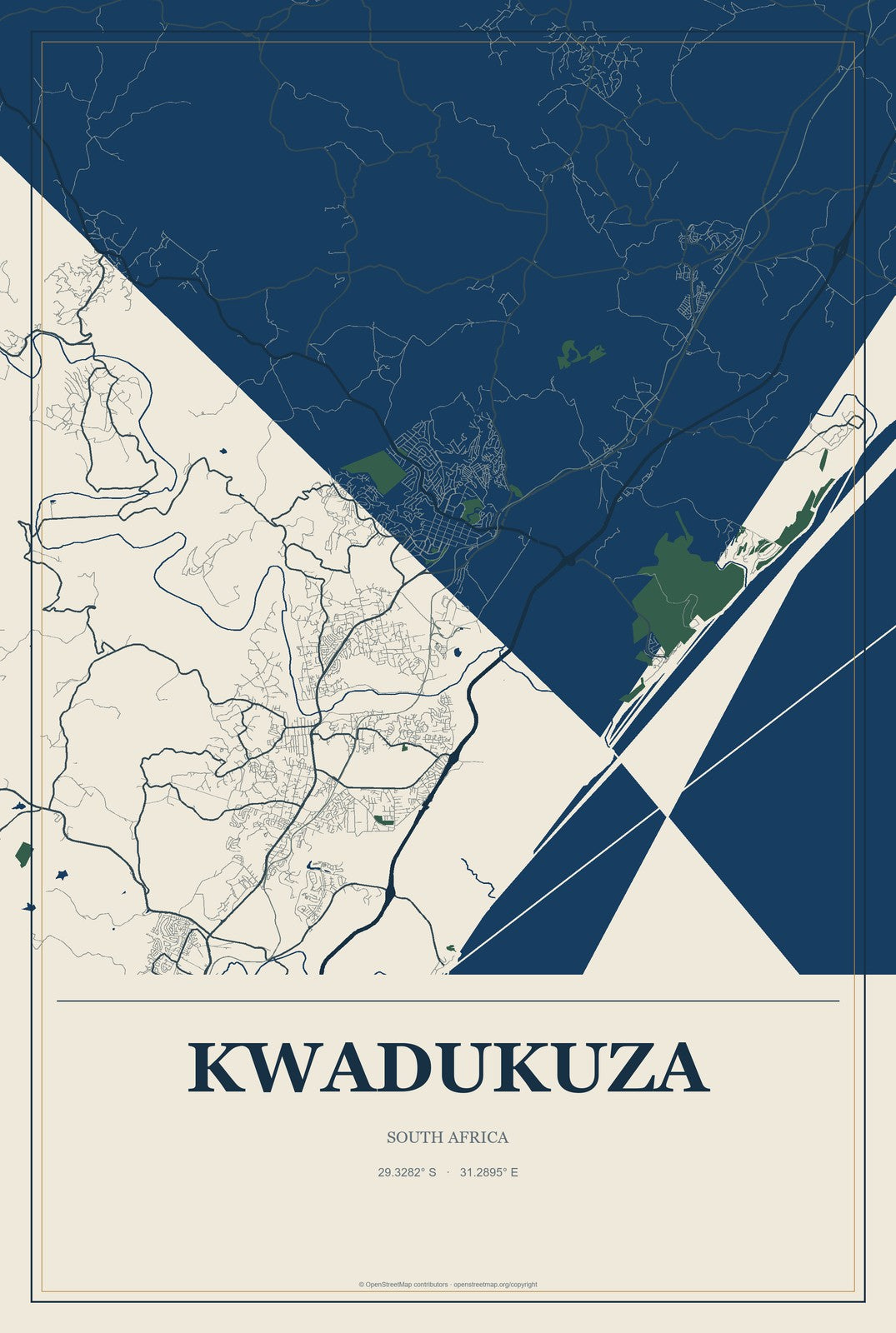 KwaDukuza, South Africa City Map Aluminum Sign in Coastal Cutout style