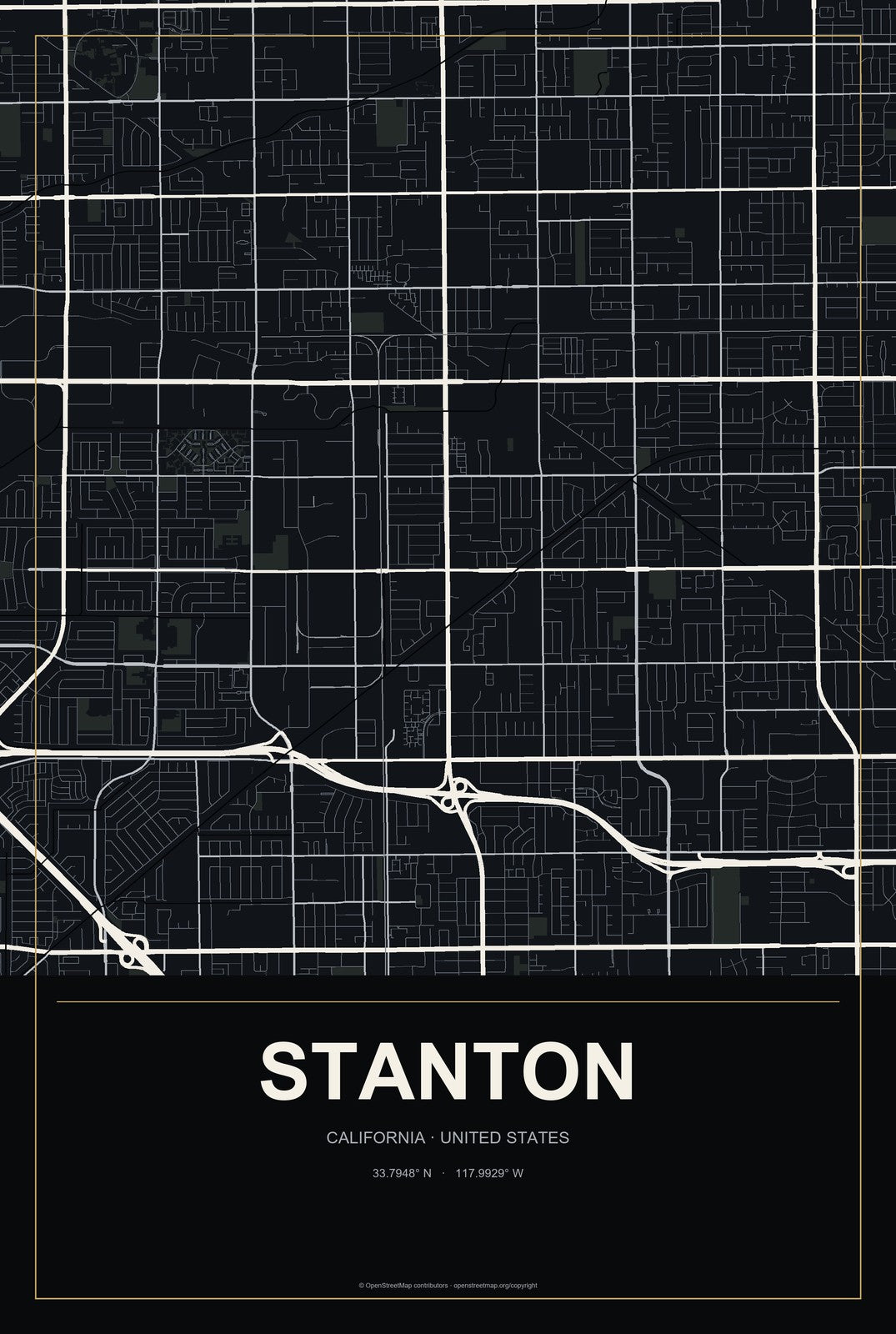 Stanton, California City Map Aluminum Sign in Metropolitan Noir style