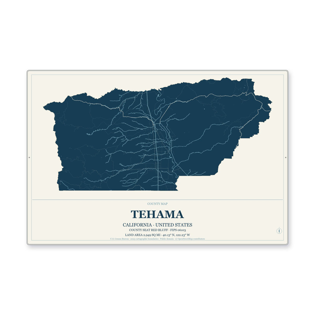 Tehama County, California Map Aluminum Sign in Coastal Cutout style