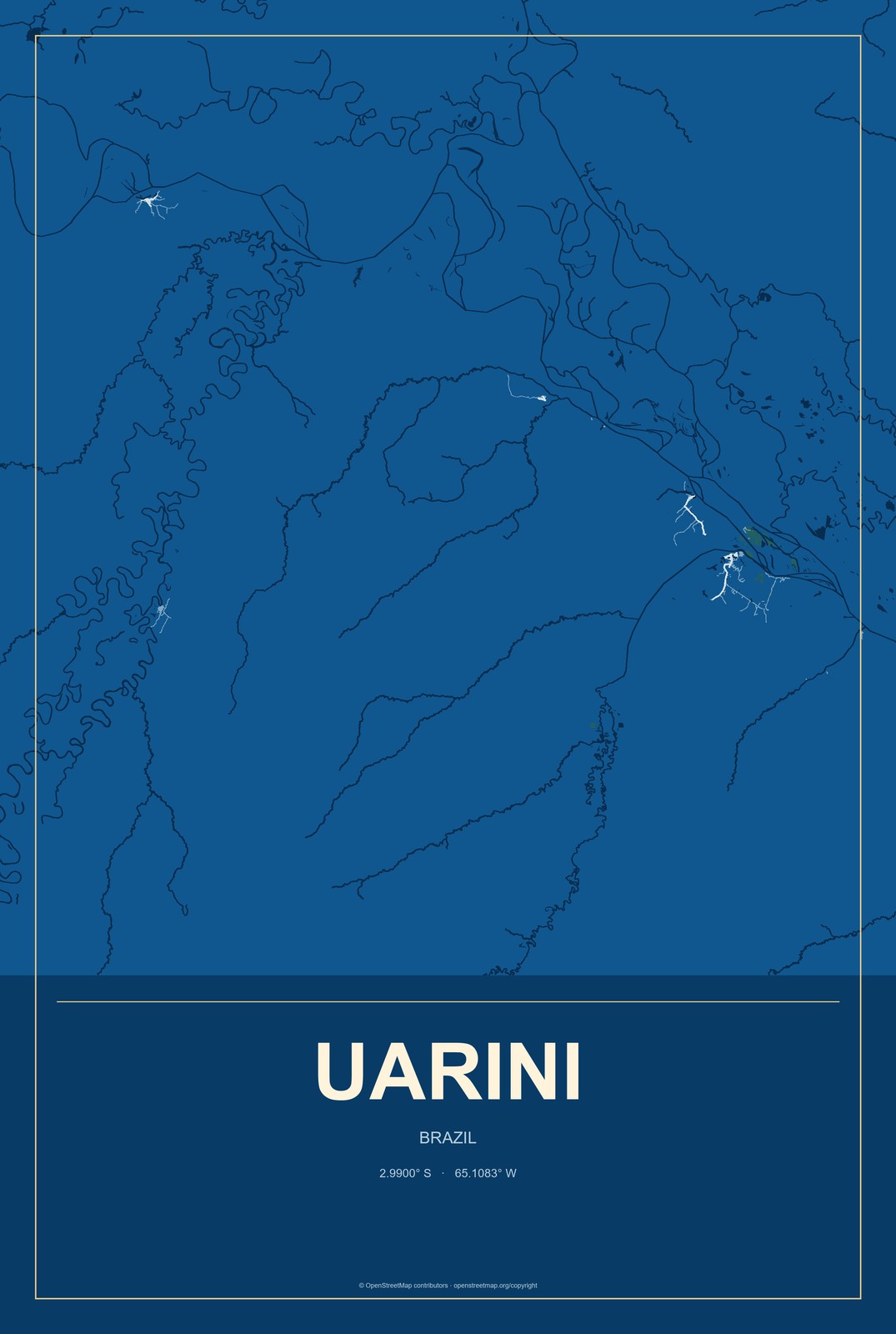 Uarini, Brazil City Map Aluminum Sign in Harbor Cobalt style