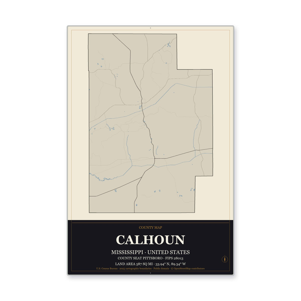 Calhoun County, Mississippi Map Aluminum Sign in Museum Plaque style