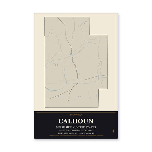 Calhoun County, Mississippi Map Aluminum Sign in Museum Plaque style