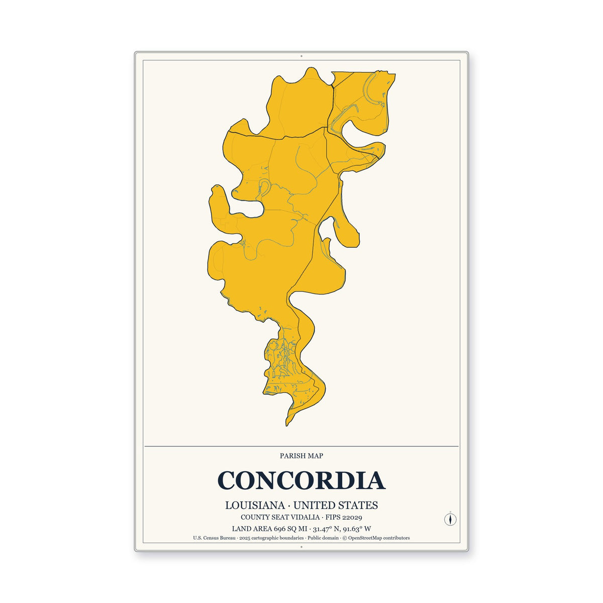 Concordia Parish, Louisiana Map Aluminum Sign in Citrine Modern style