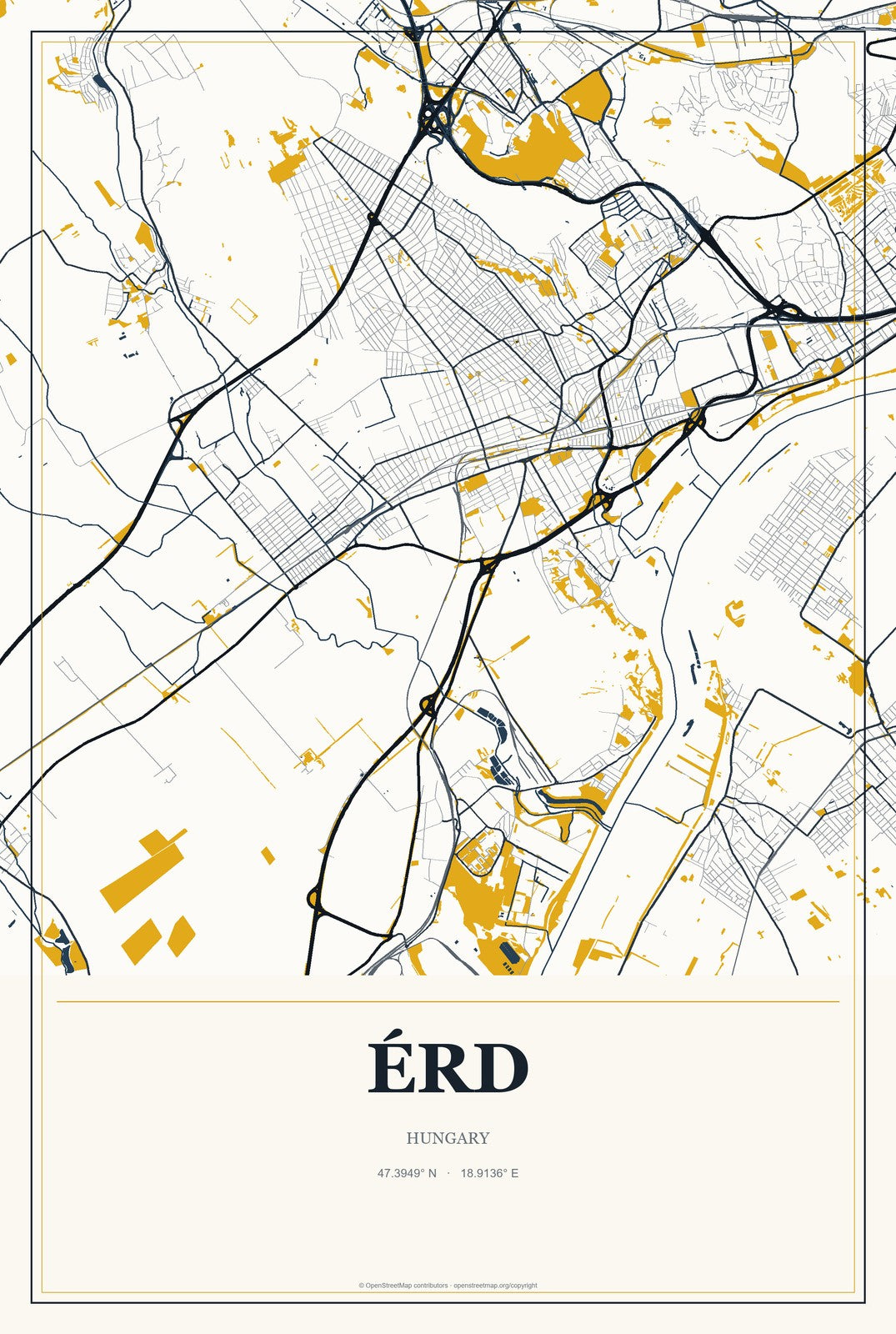 Érd, Hungary City Map Aluminum Sign in Citrine Modern style