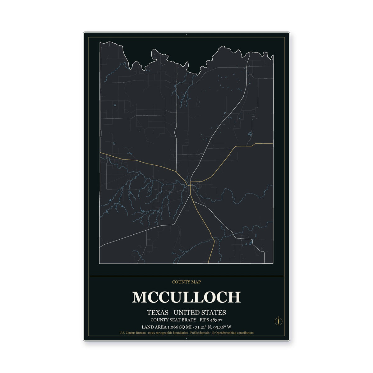 McCulloch County, Texas Map Aluminum Sign in Metropolitan Noir style