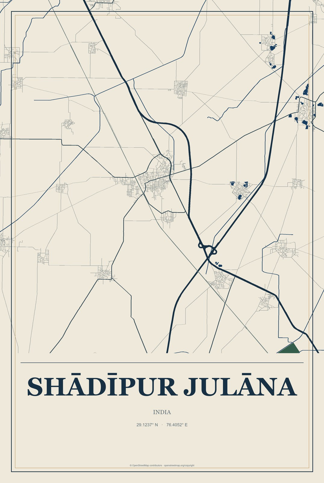 Shādīpur Julāna, India City Map Aluminum Sign in Coastal Cutout style