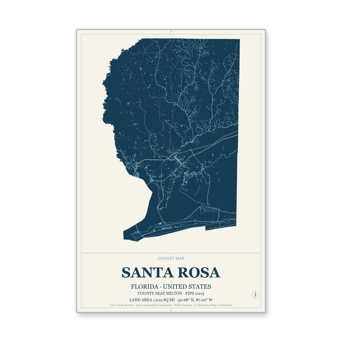 Santa Rosa County, Florida Map Aluminum Sign in Coastal Cutout style