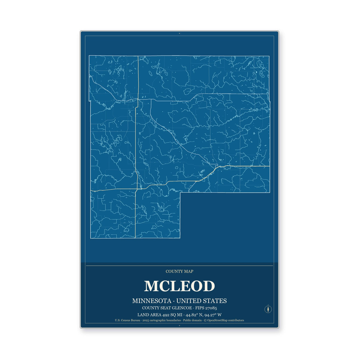 McLeod County, Minnesota Map Aluminum Sign in Harbor Cobalt style