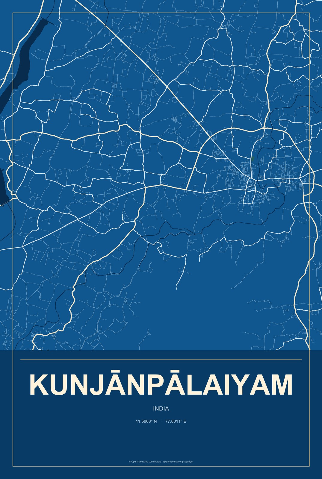 Kunjānpālaiyam, India City Map Aluminum Sign in Harbor Cobalt style