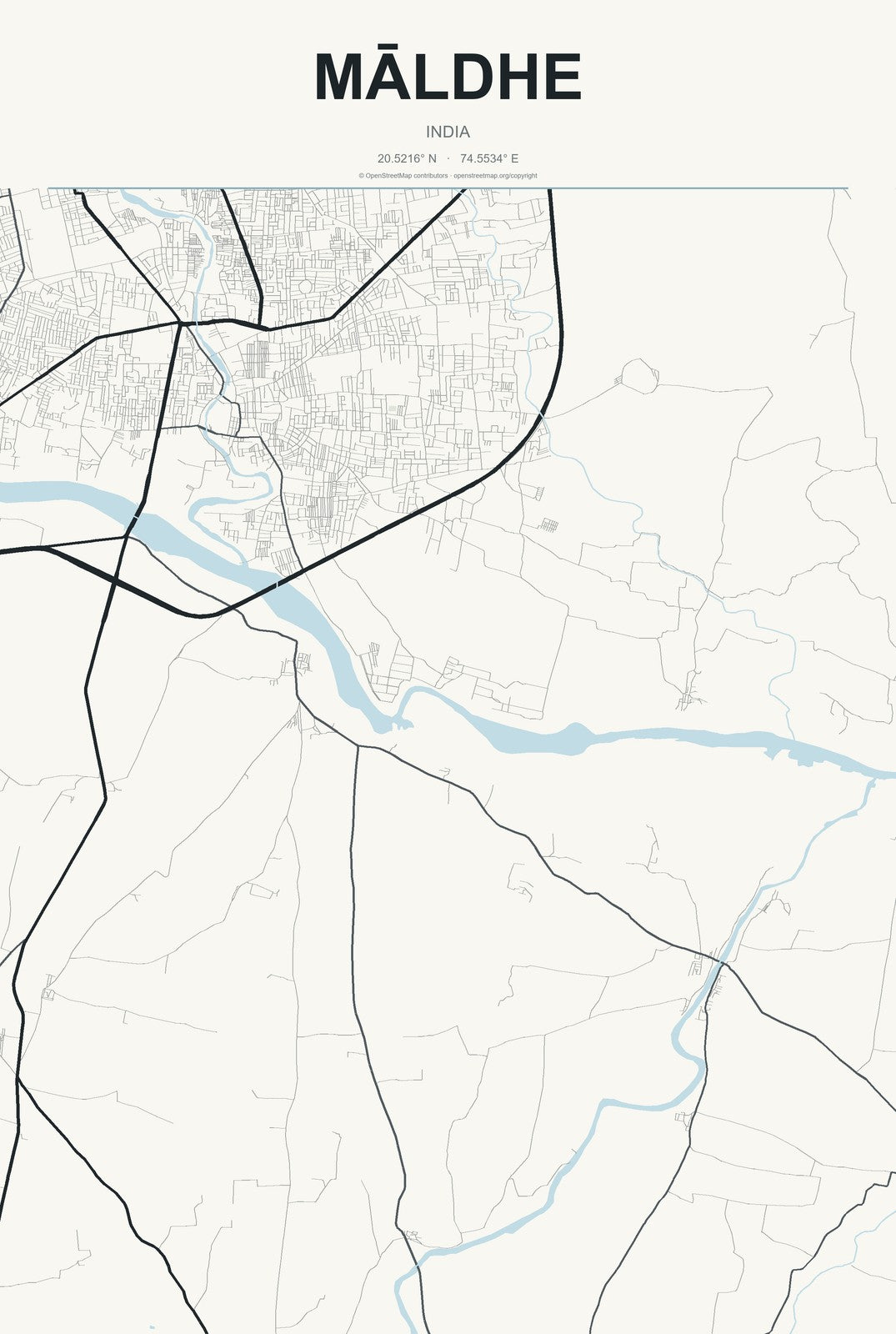 Māldhe, India City Map Aluminum Sign in Headline Atlas style