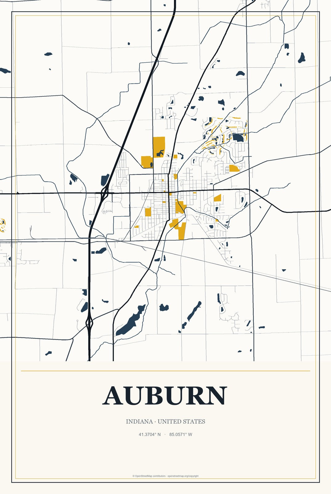 Auburn, Indiana City Map Aluminum Sign in Citrine Modern style