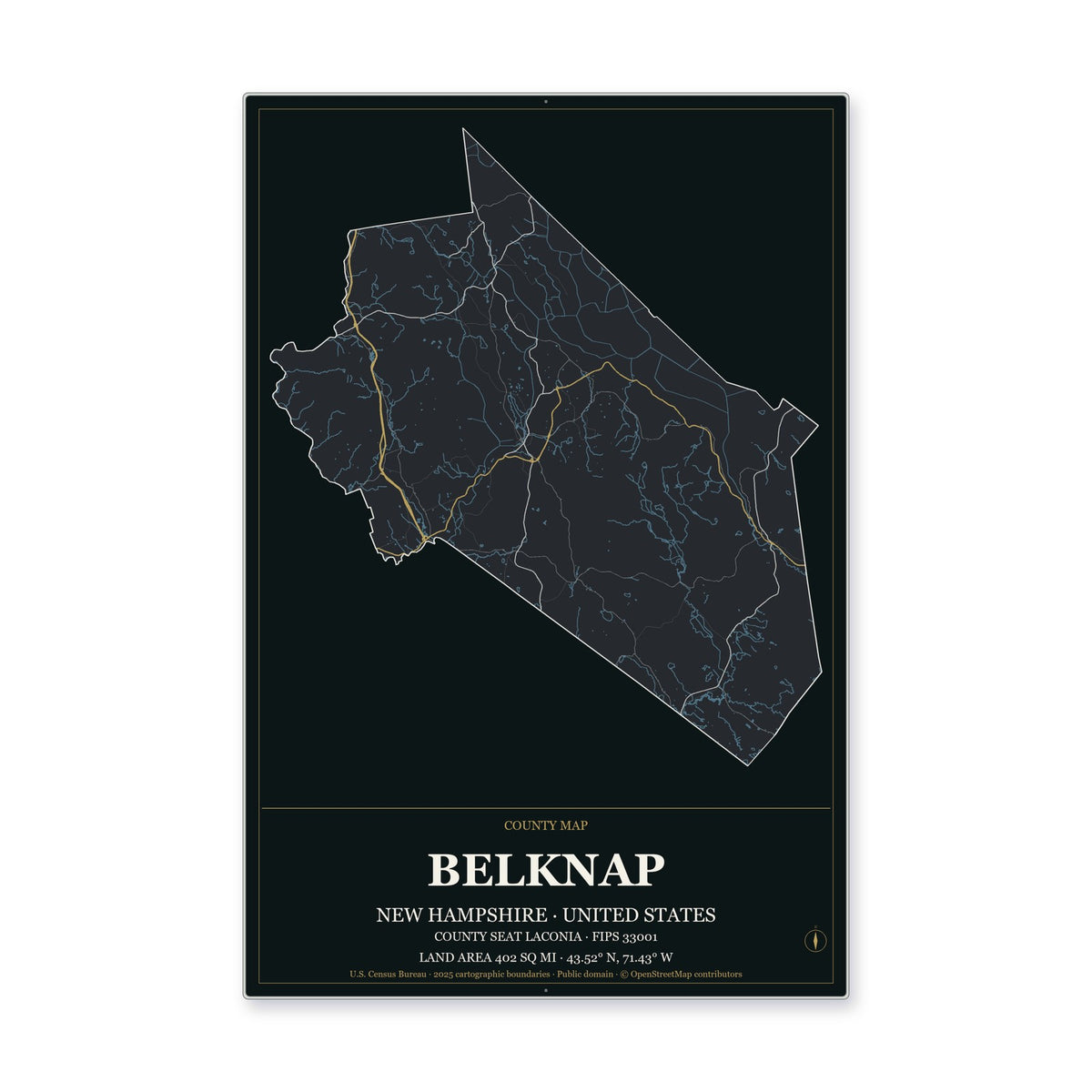 Belknap County, New Hampshire Map Aluminum Sign in Metropolitan Noir style