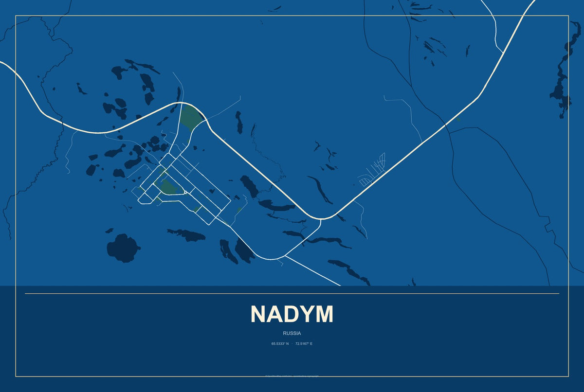 Nadym, Russia City Map Aluminum Sign in Harbor Cobalt style