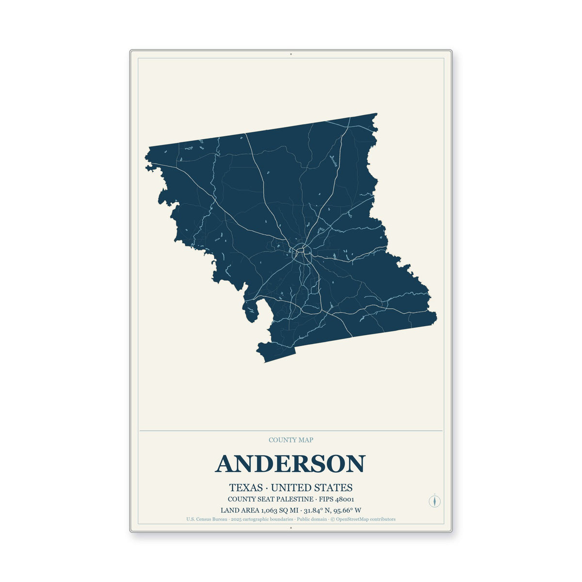Anderson County, Texas Map Aluminum Sign in Coastal Cutout style