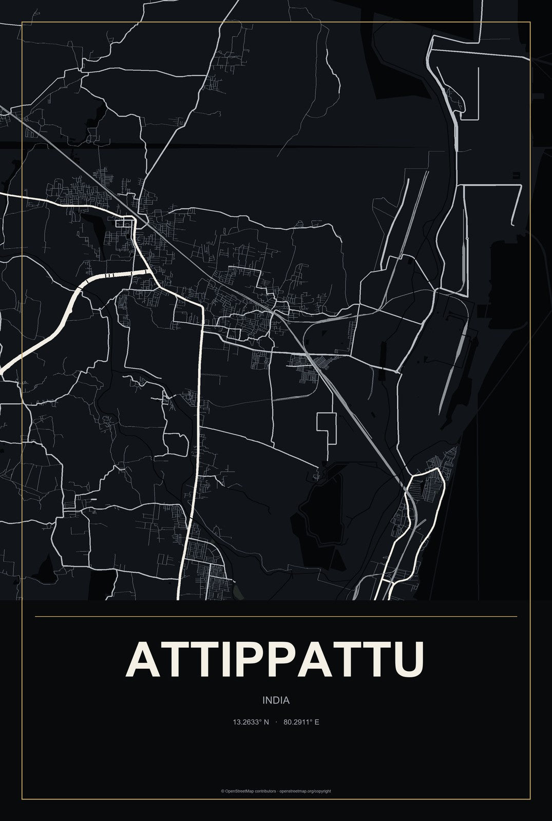 Attippattu, India City Map Aluminum Sign in Metropolitan Noir style
