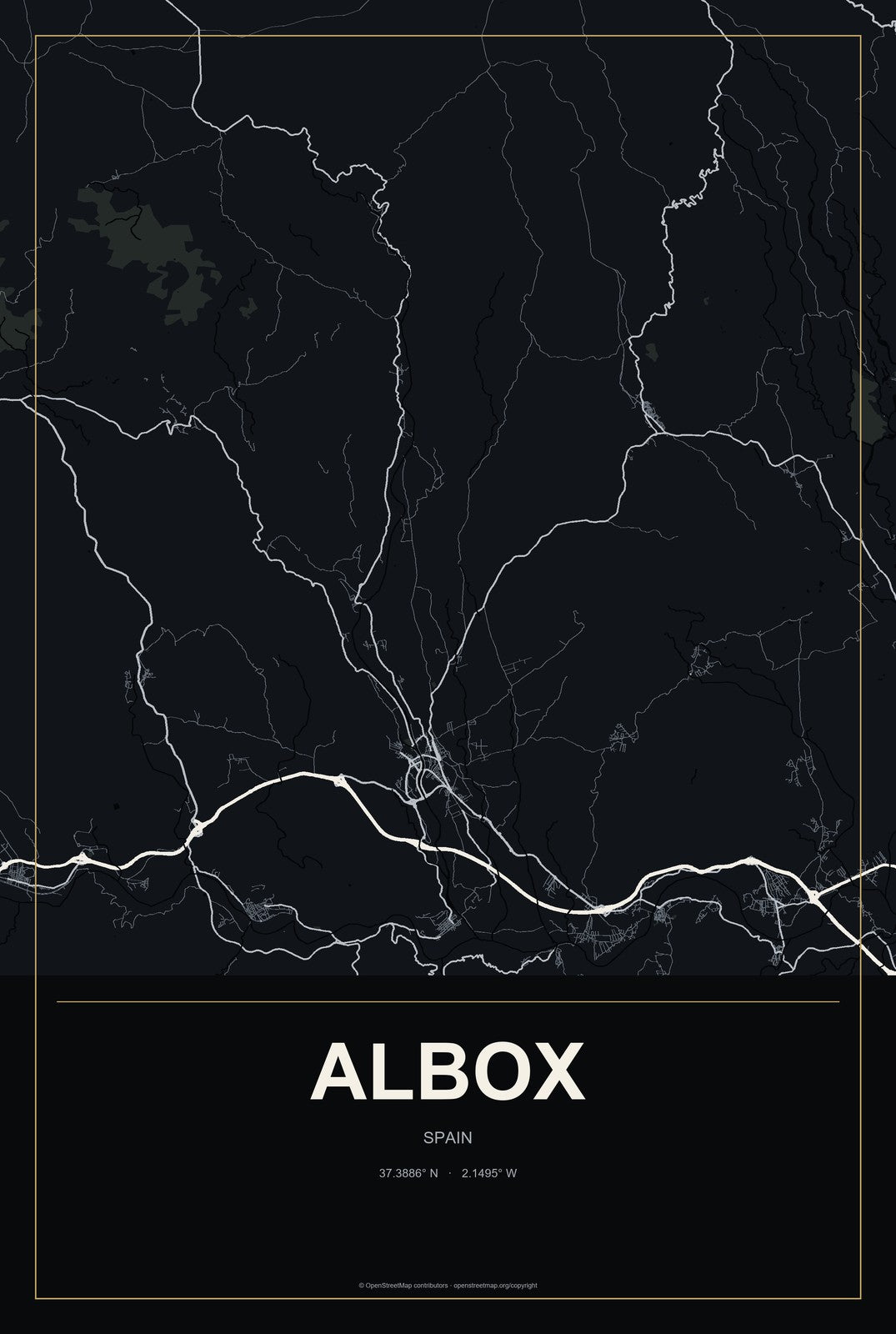 Albox, Spain City Map Aluminum Sign in Metropolitan Noir style