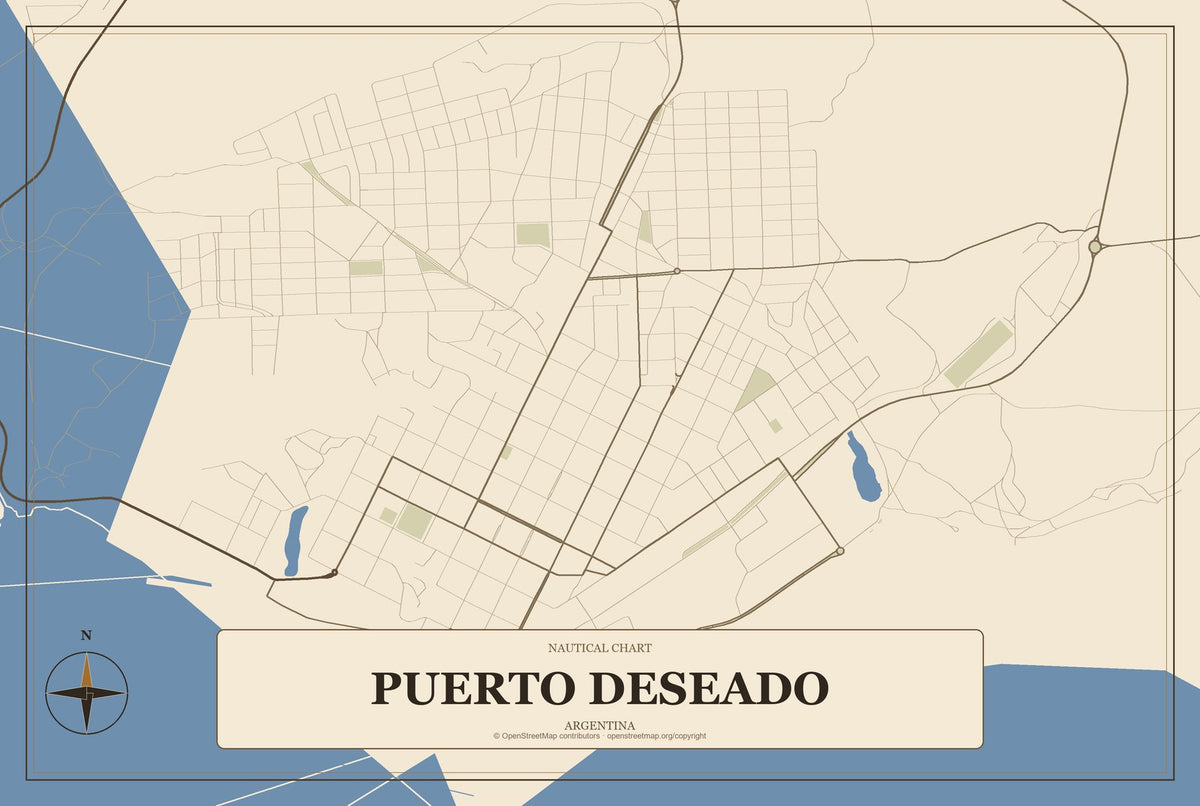 Puerto Deseado, Argentina City Map Aluminum Sign in Heritage Nautical style