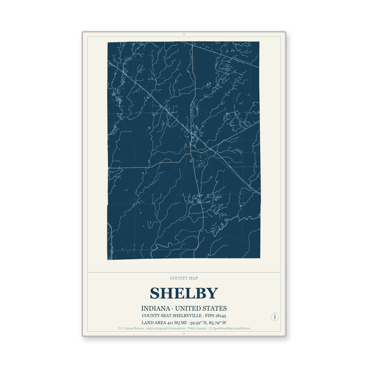 Shelby County, Indiana Map Aluminum Sign in Coastal Cutout style
