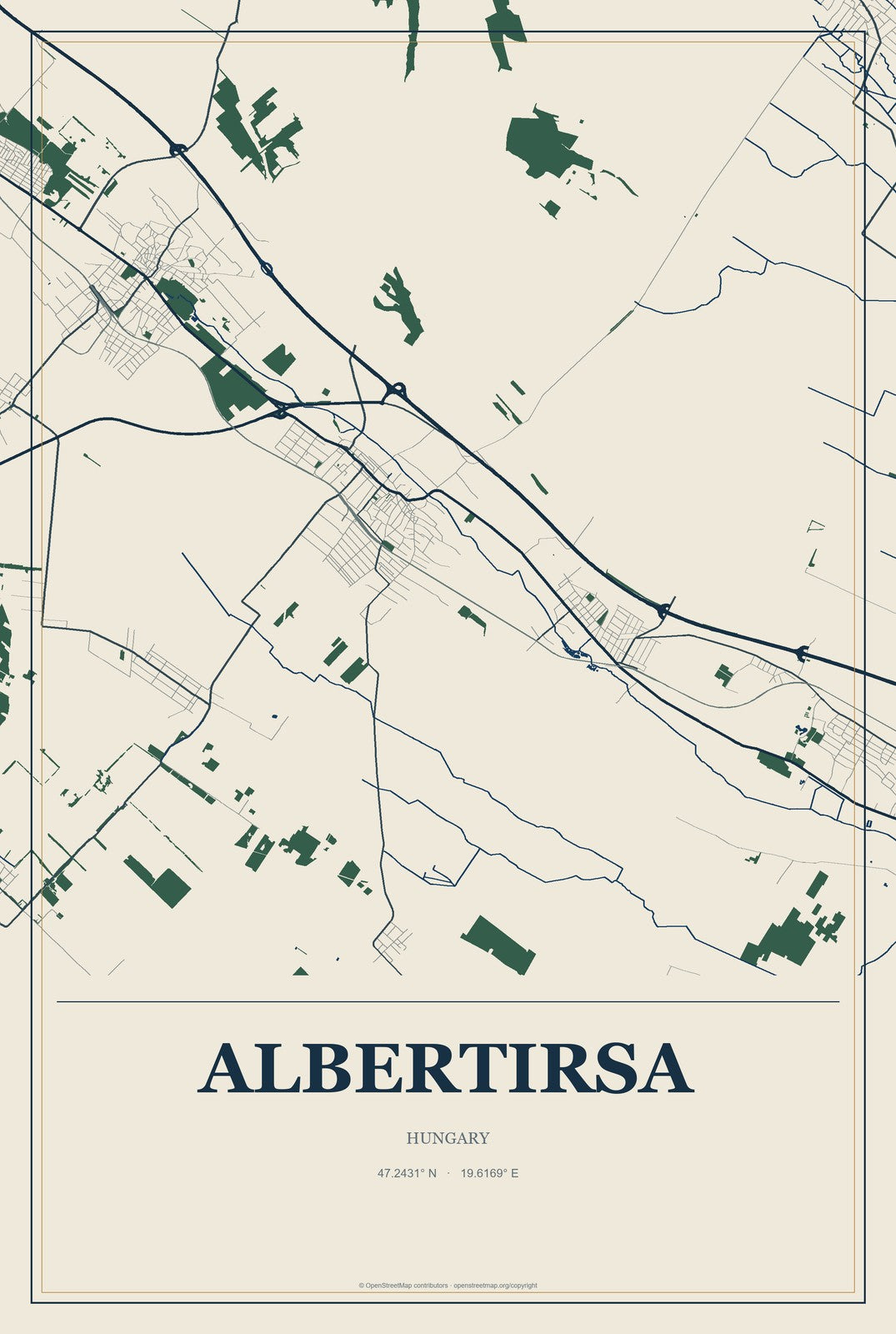 Albertirsa, Hungary City Map Aluminum Sign in Coastal Cutout style