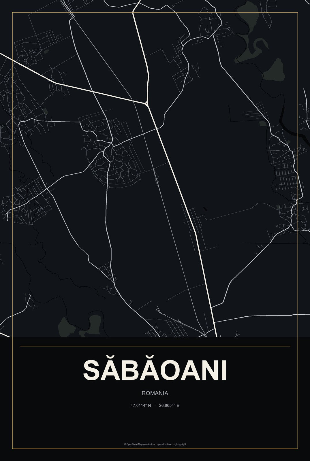Săbăoani, Romania City Map Aluminum Sign in Metropolitan Noir style