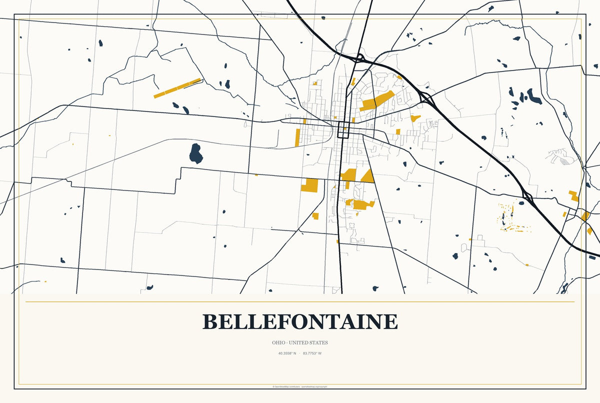 Bellefontaine, Ohio City Map Aluminum Sign in Citrine Modern style