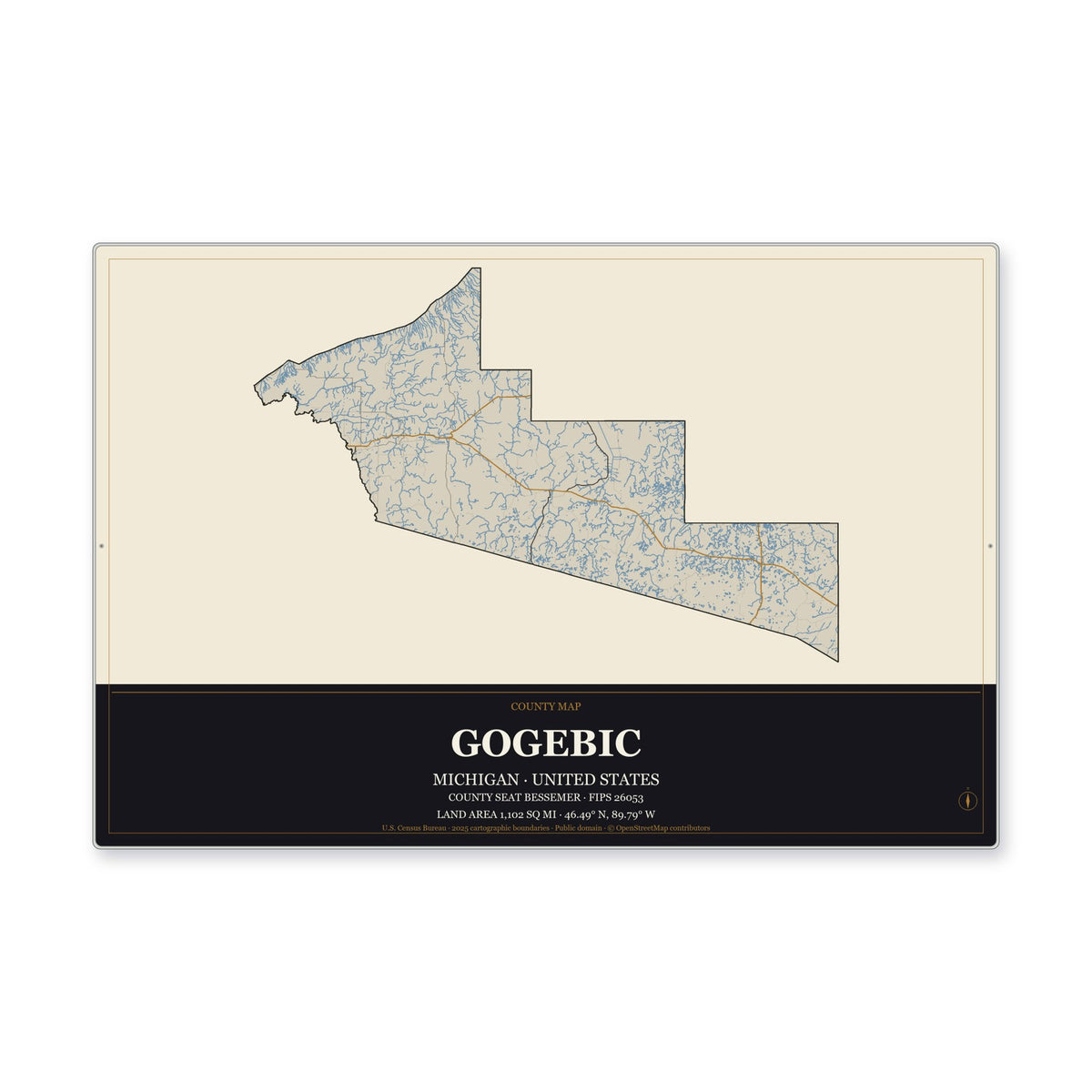 Gogebic County, Michigan Map Aluminum Sign in Museum Plaque style