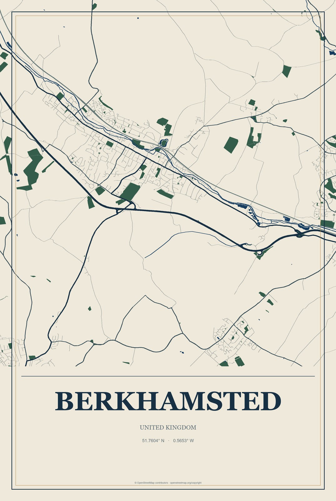 Berkhamsted, United Kingdom City Map Aluminum Sign in Coastal Cutout style