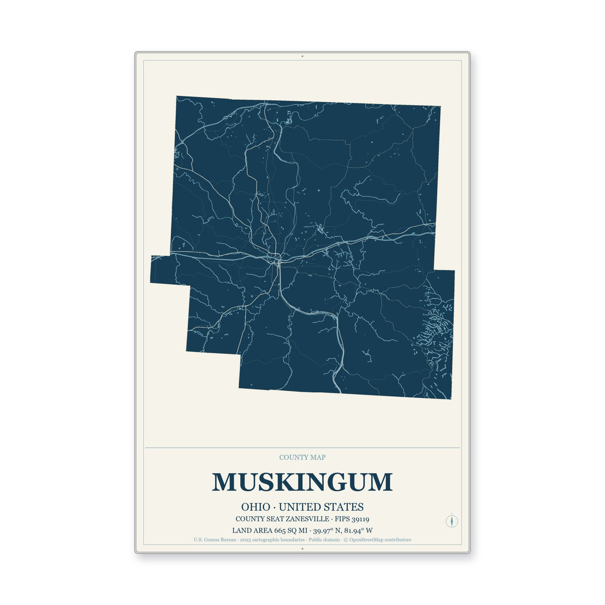 Muskingum County, Ohio Map Aluminum Sign in Coastal Cutout style