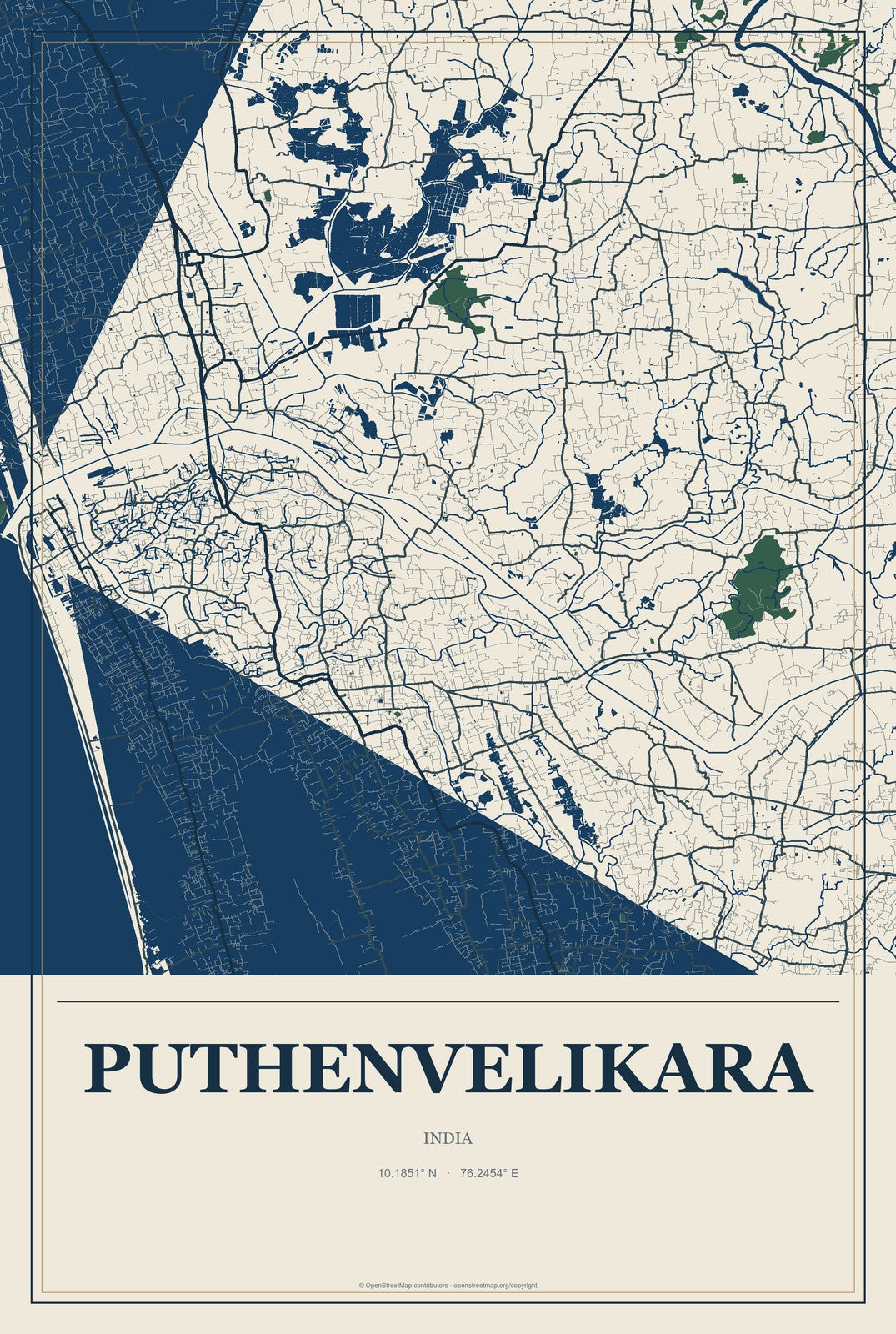 Puthenvelikara, India City Map Aluminum Sign in Coastal Cutout style