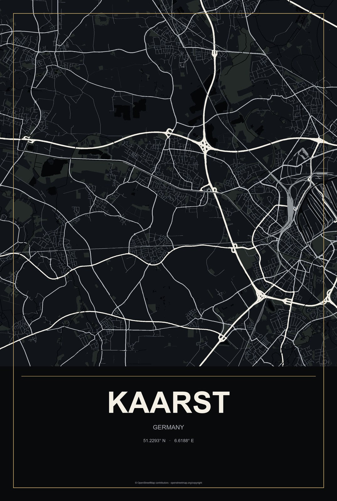 Kaarst, Germany City Map Aluminum Sign in Metropolitan Noir style