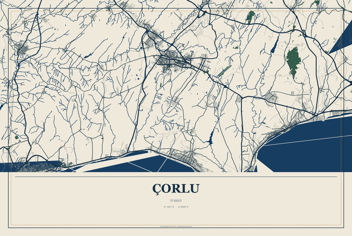 Çorlu, Turkey City Map Aluminum Sign in Coastal Cutout style