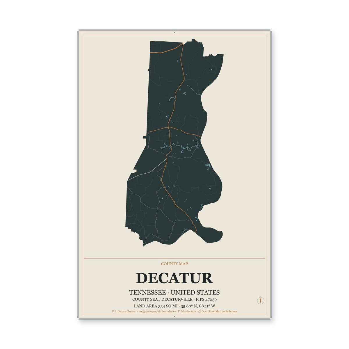 Decatur County, Tennessee Map Aluminum Sign in Headline Atlas style