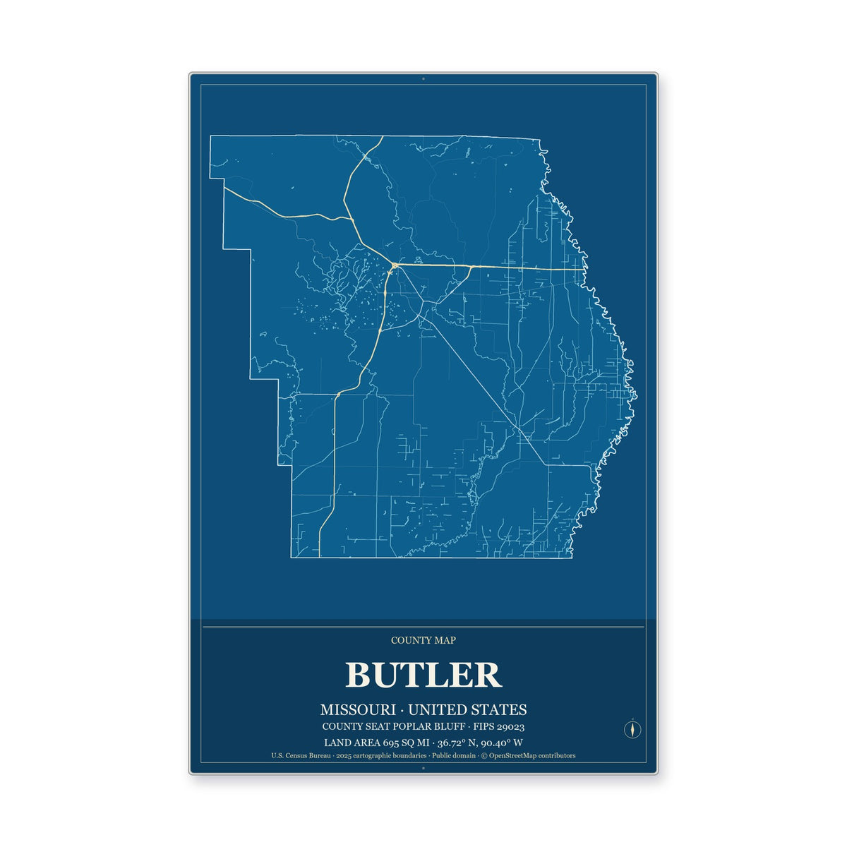 Butler County, Missouri Map Aluminum Sign in Harbor Cobalt style