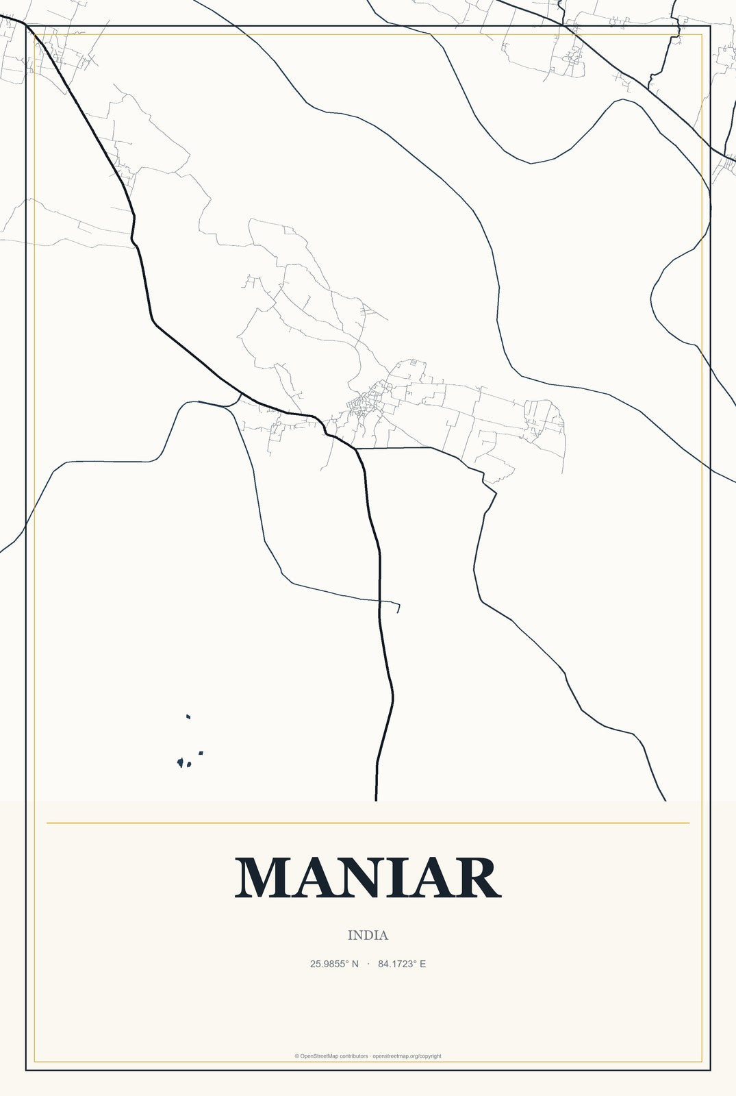 Maniar, India City Map Aluminum Sign in Citrine Modern style