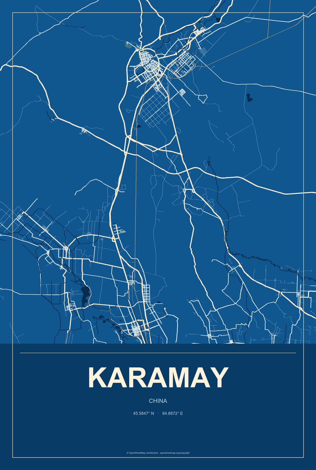 Karamay, China City Map Aluminum Sign in Harbor Cobalt style