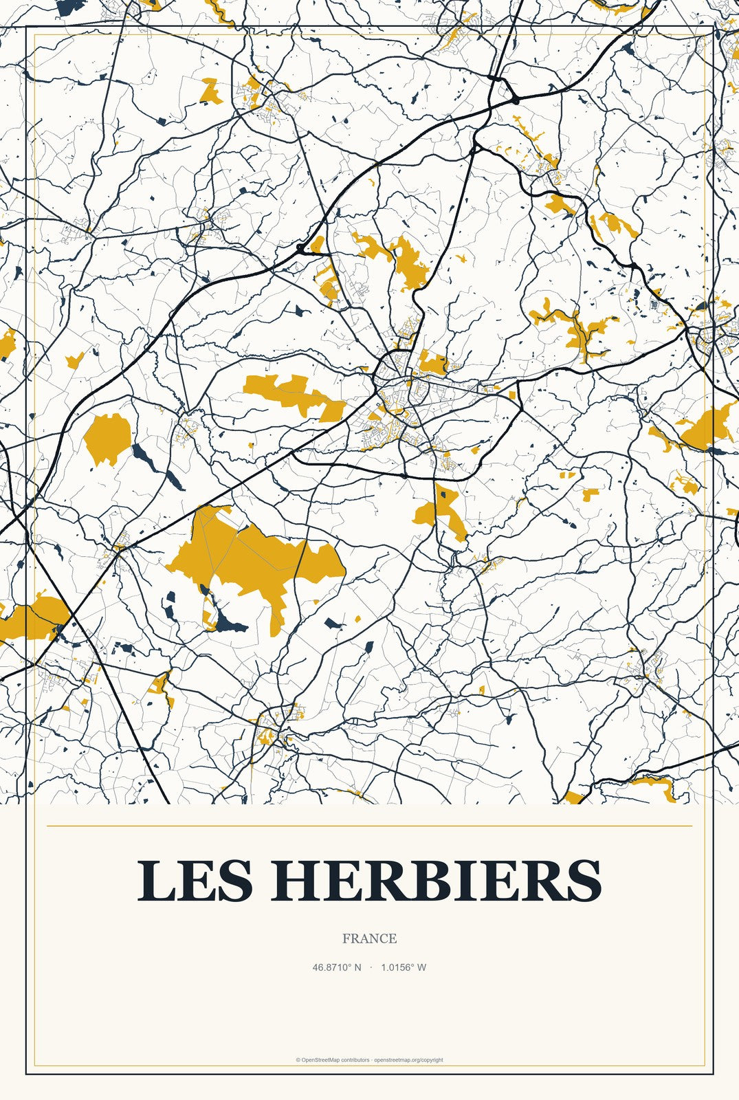 Les Herbiers, France City Map Aluminum Sign in Citrine Modern style