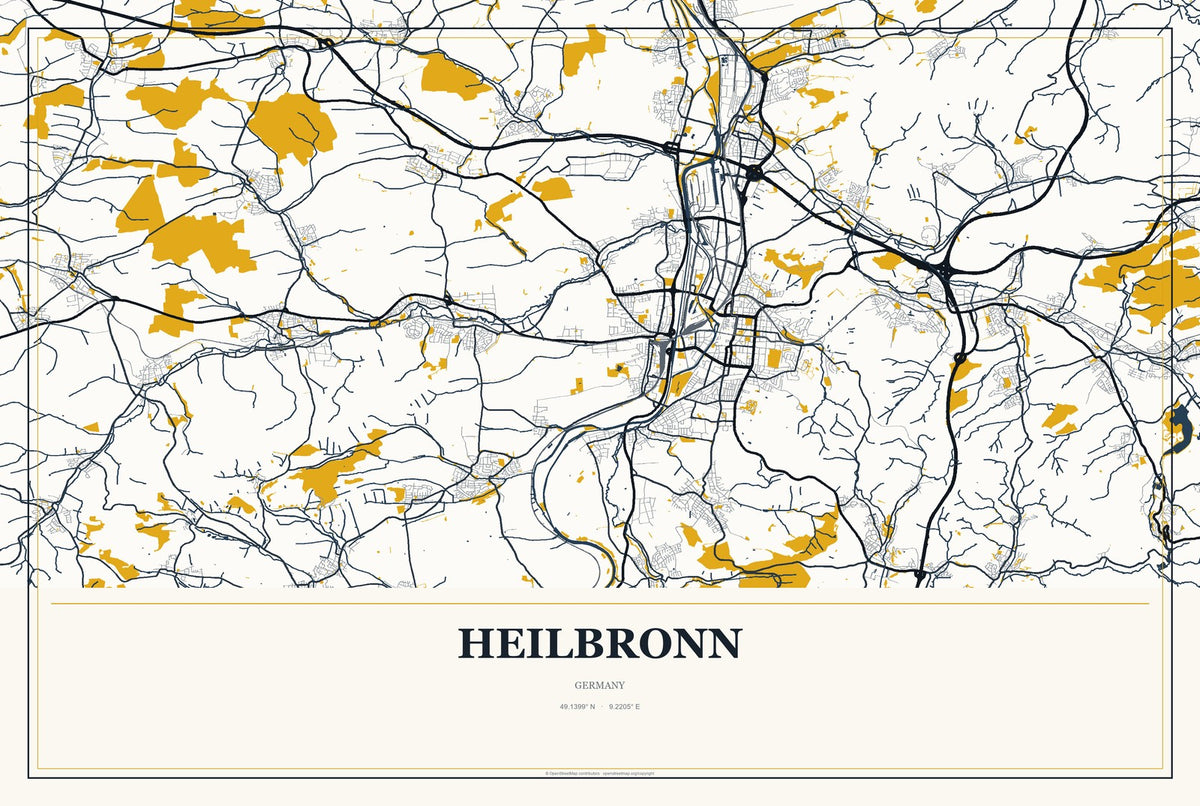 Heilbronn, Germany City Map Aluminum Sign in Citrine Modern style