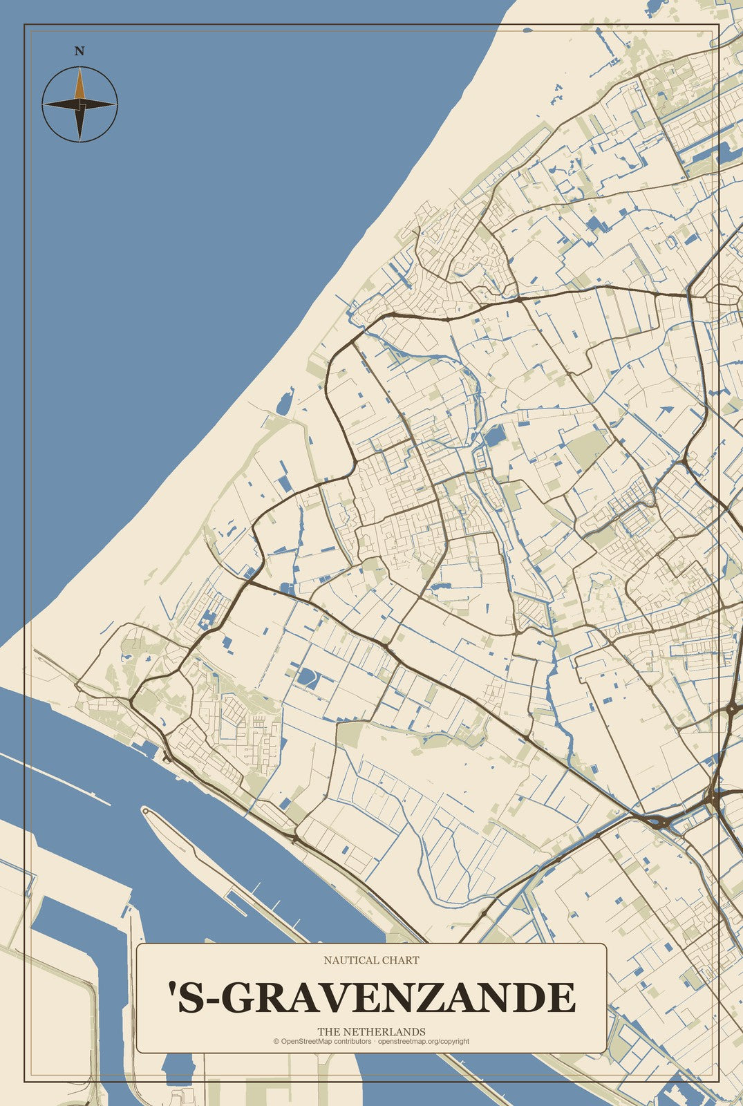 's-Gravenzande, The Netherlands City Map Aluminum Sign in Heritage Nautical style